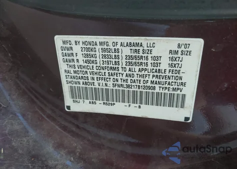 2007 Honda Odyssey Lx z USA, uszkodzony, nr VIN 5FNRL38217B120908